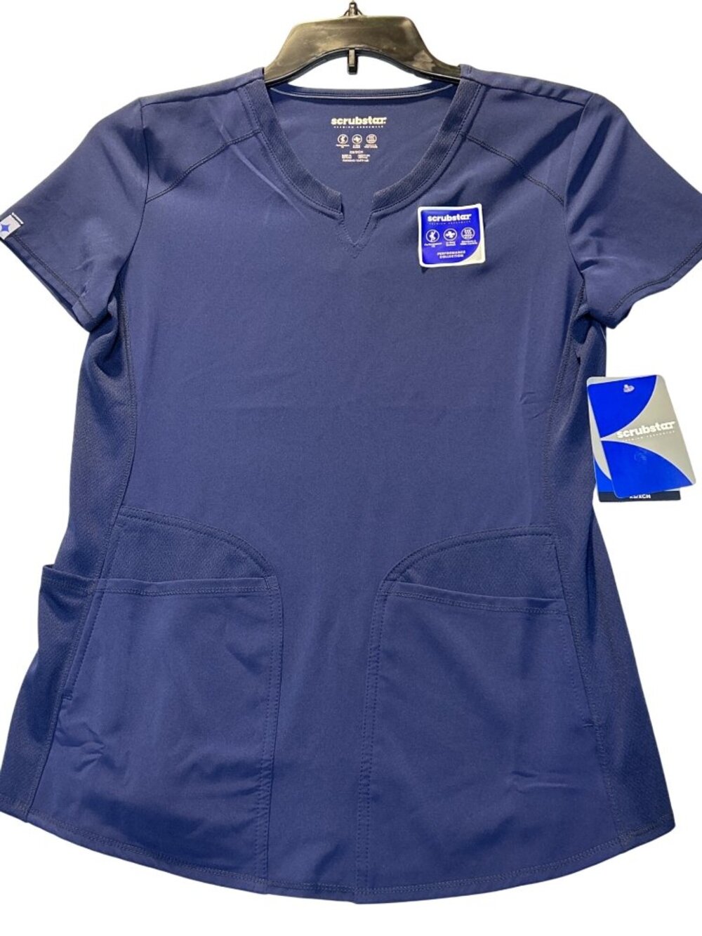 Scrubstar Womens X Small Performance Notch Neck Top Navy 4-Way Stretch Moisture